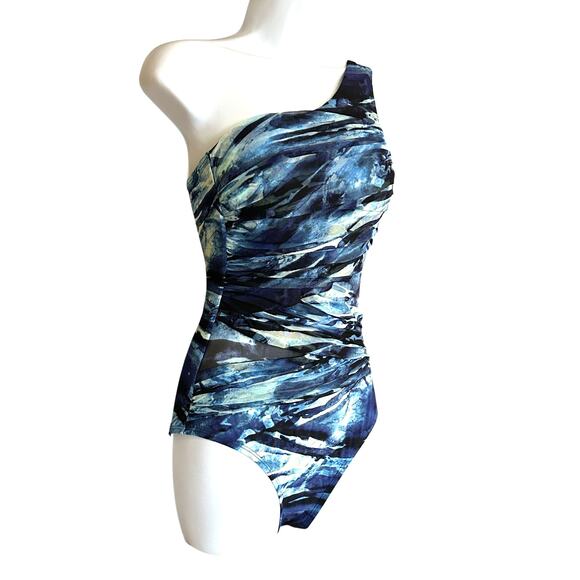 Kenneth Cole New York Blue Asymmetric Swimsuit Size S Ruched Mesh Slimming - Picture 3 of 6